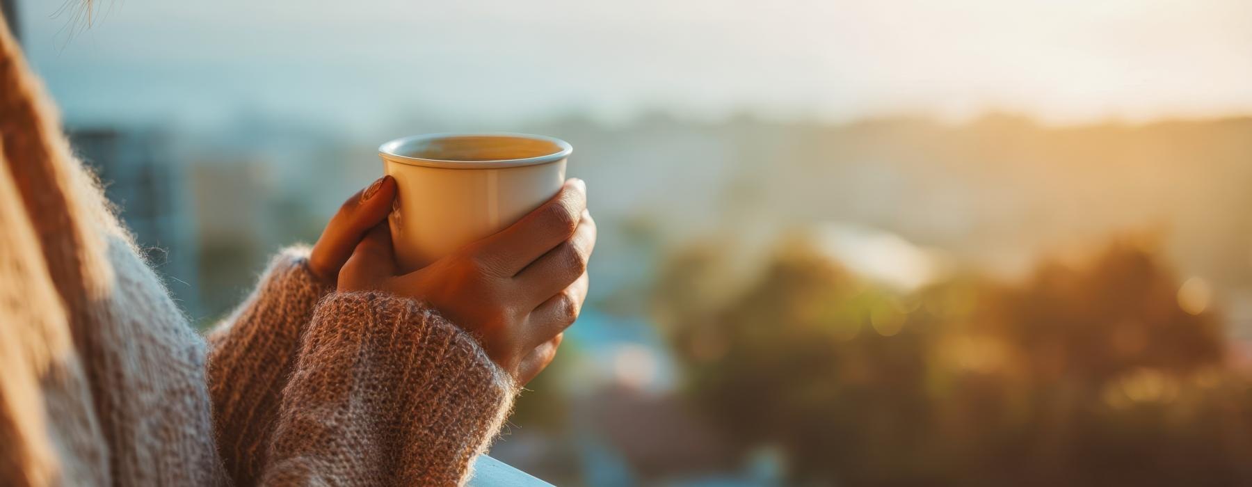 woman on a balcony, holding a cup of coffee