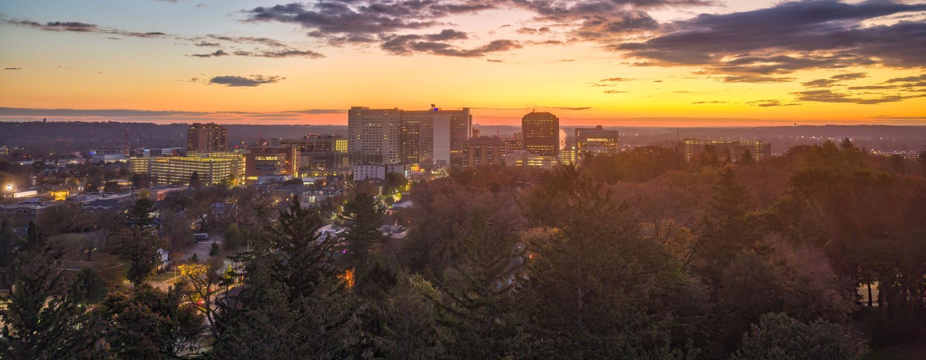 a city landscape at sunset